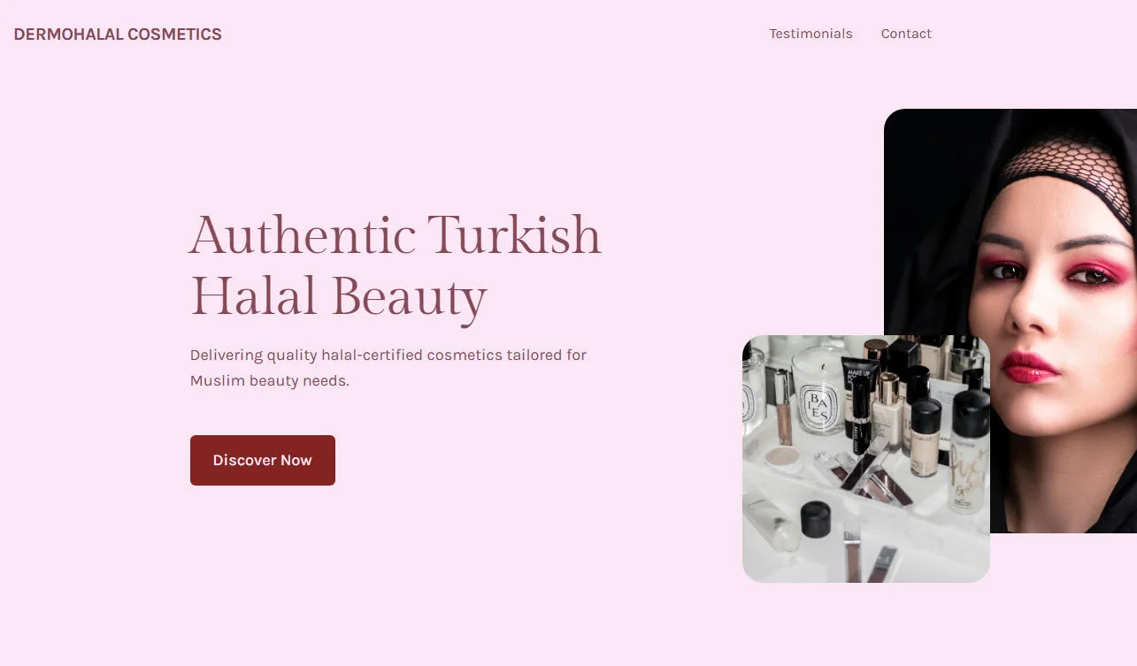 Display of halal-certified beauty products with text promoting Turkish halal beauty on a soft pink background.